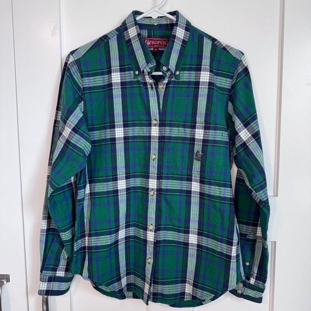 Roper Green Blue Plaid Long Sleeve Shirt Men's Size Small Cowboy Western Cotton